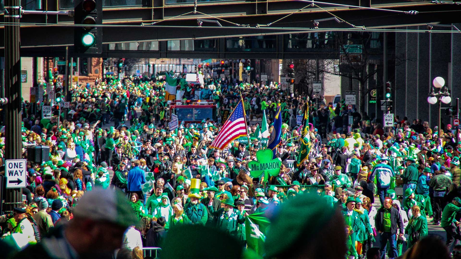 U.S. colors stood out in a field of green at the St. Paul, Minnesota, St. Patrick's Day parade, 2015(?). Photo from VisitStPaul.com.